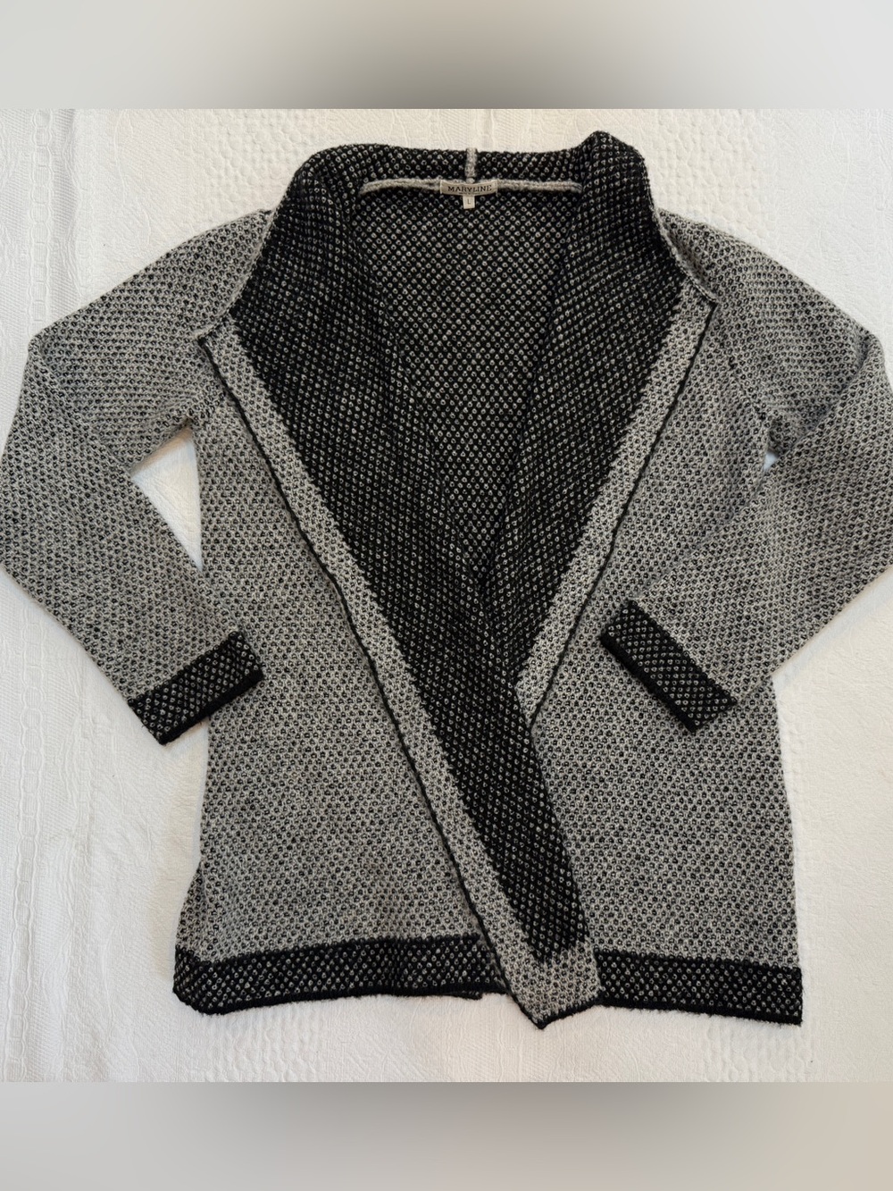 Maryline Women’s Black Gray Open-Knit Wool Blend Cardigan Made in Italy Size L